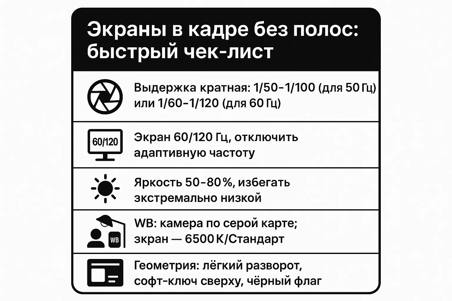 Инфо-карточка: быстрый чек-лист настроек для экранов в кадре — выдержка, частота, яркость, баланс белого, отражения